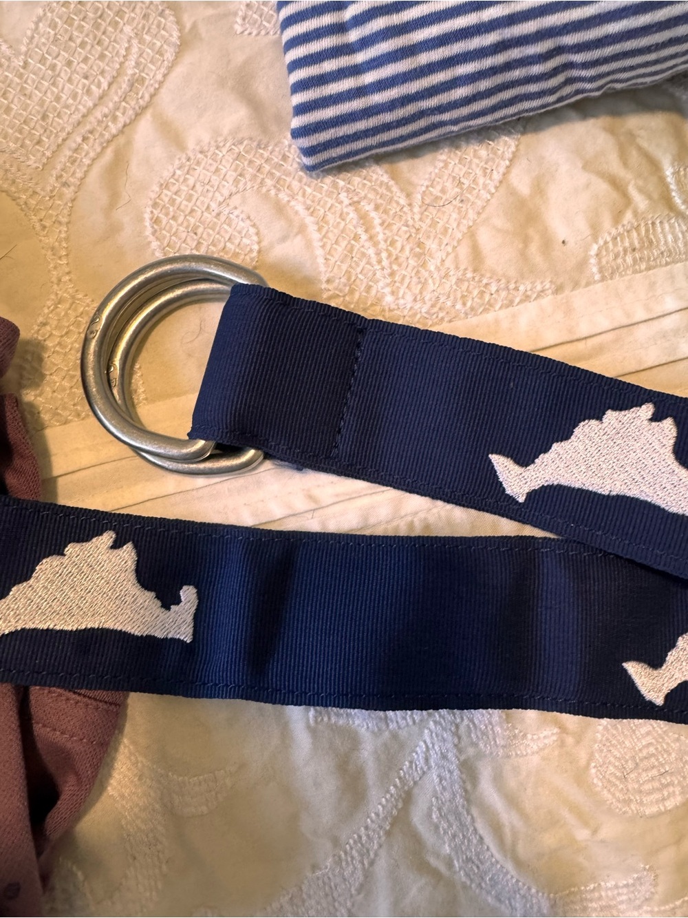 Vineyard Vines Navy Blue Web Belt with Silver Rings and White Motifs